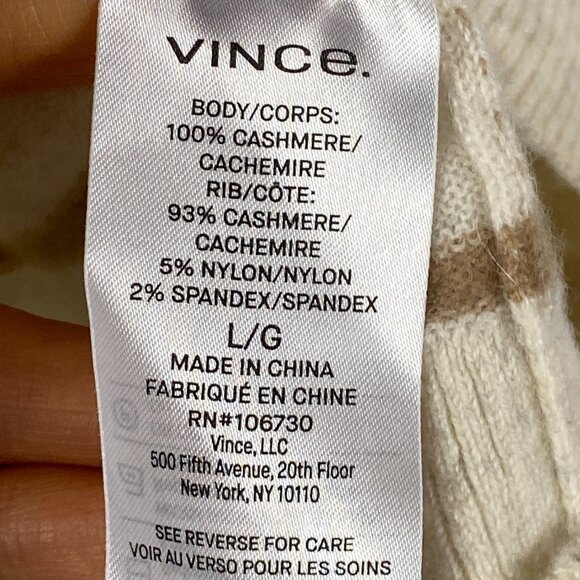 Vince 100% Cashmere Crew Neck Sweater Womens L Beige Tan Stripe Pullover Slim - Picture 5 of 10